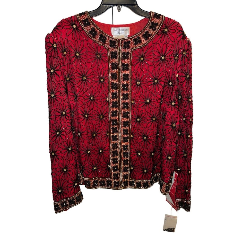 Papell Boutique Evening Jacket Womens 14W Red Beaded Silk Floral Formal Blazer